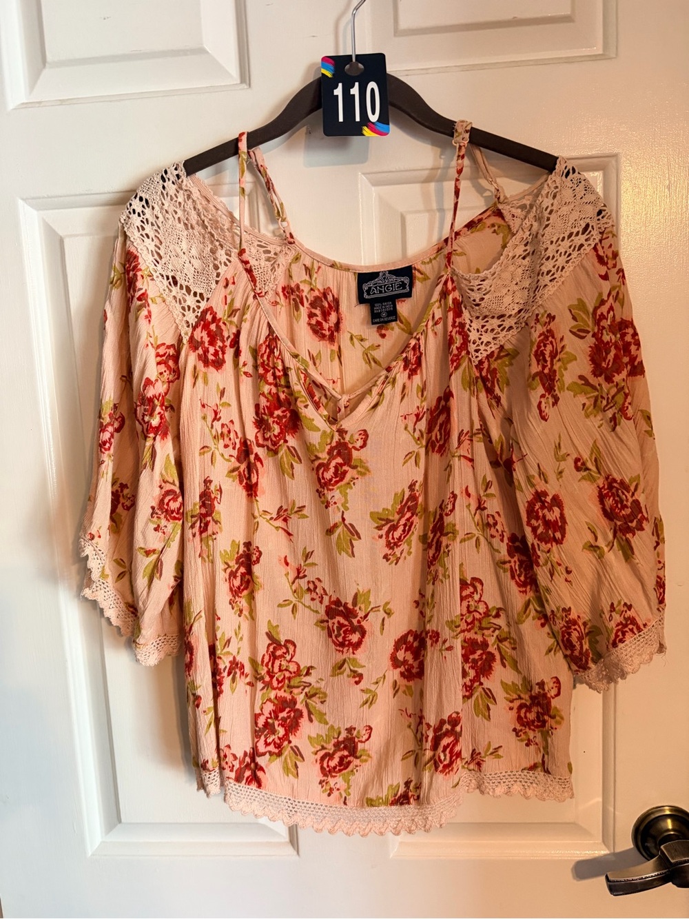 Angel Pink Floral Lace Cold-Shoulder Blouse